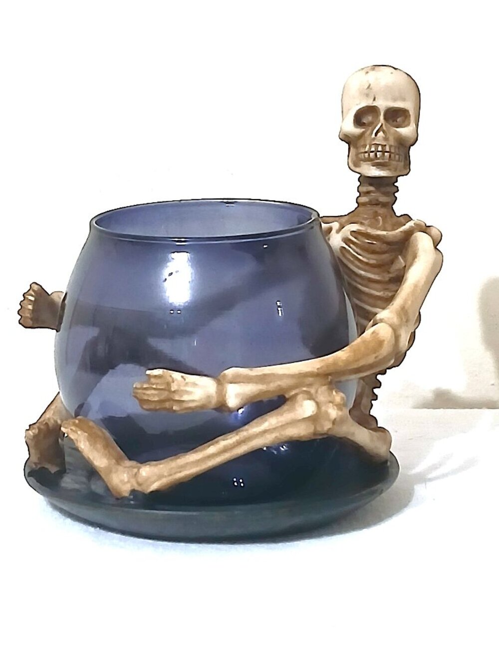 Halloween Sitting Skeleton Holding Blue Glass Candle Holder Gothic Resin Decor